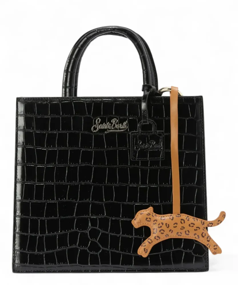 Leopard print leather bag charm logo