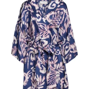 Short kimono floral print satin belt and 3/4 sleeves