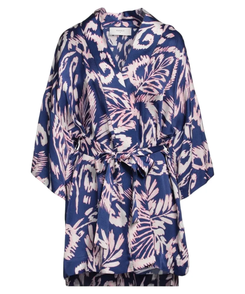 Short kimono floral print satin belt and 3/4 sleeves