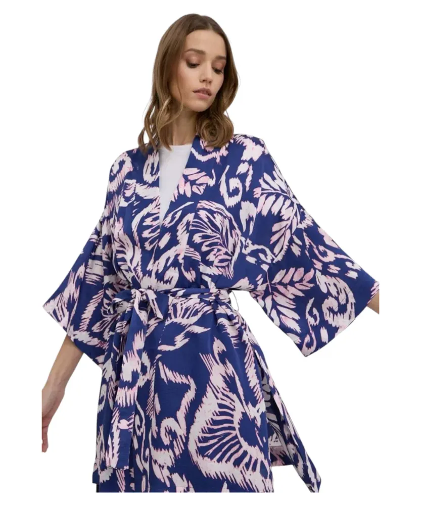 Short kimono floral print satin belt and 3/4 sleeves
