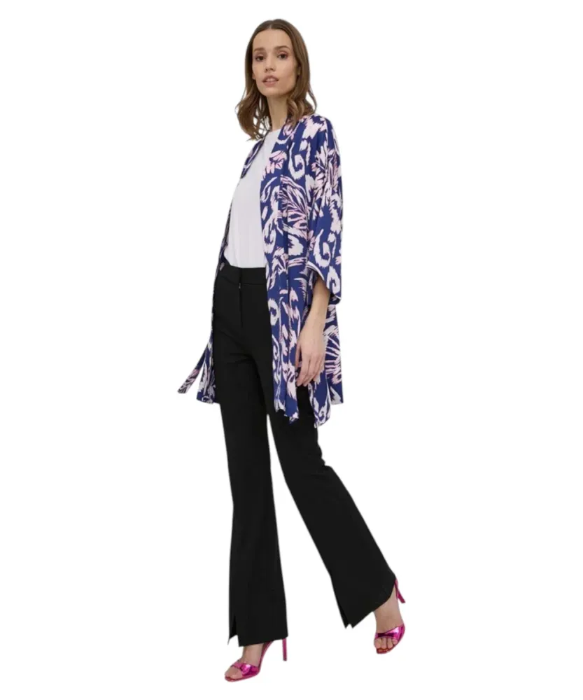 Short kimono floral print satin belt and 3/4 sleeves