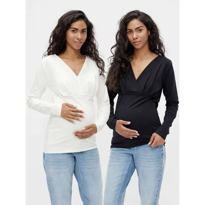Mamalicious MLEMMA Graviditetstoppe m. Lange Ærmer - 2-pak - Sort/Hvid Xs