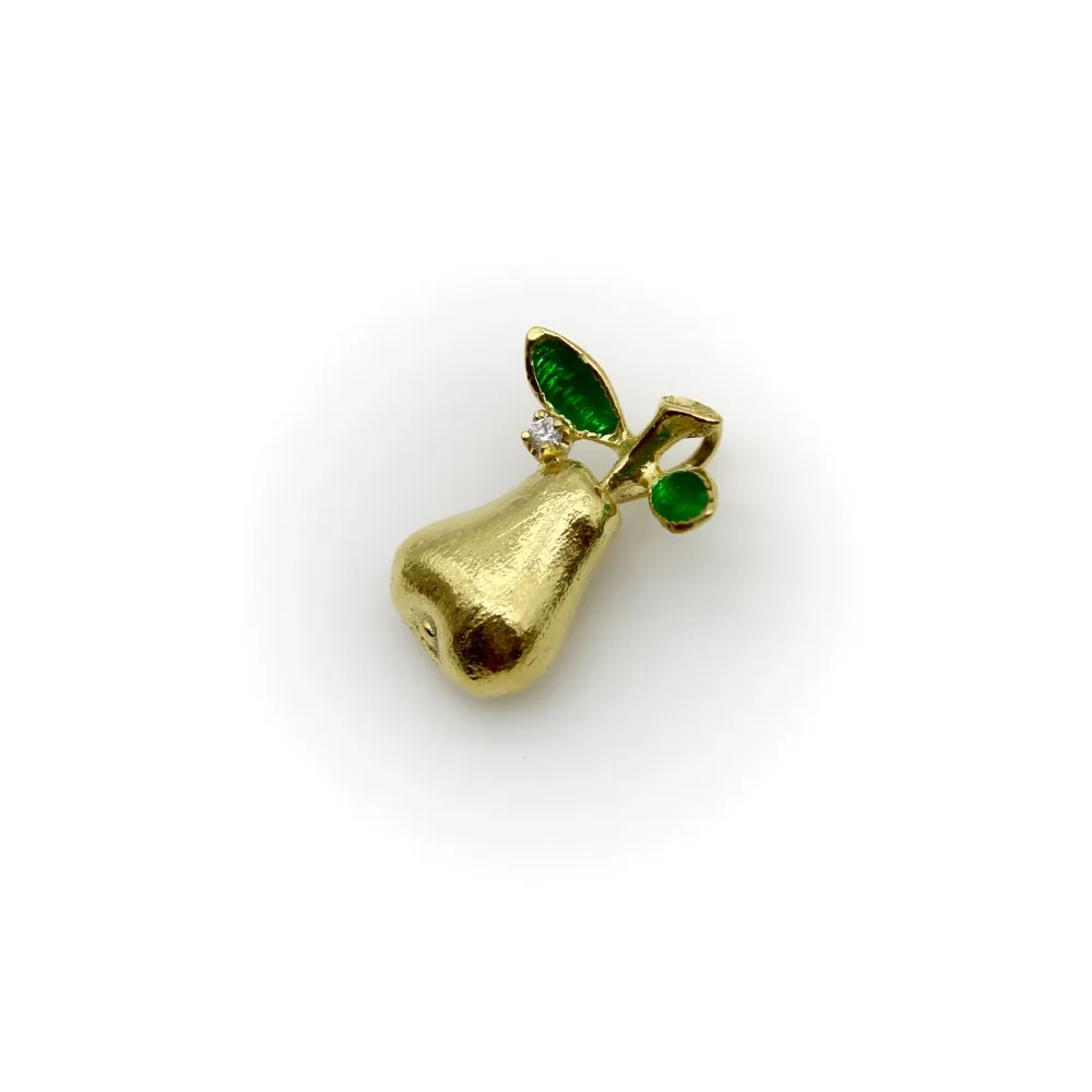 Винтидж висулка круша от 18 каратово злато, диаманти и зелем емайл