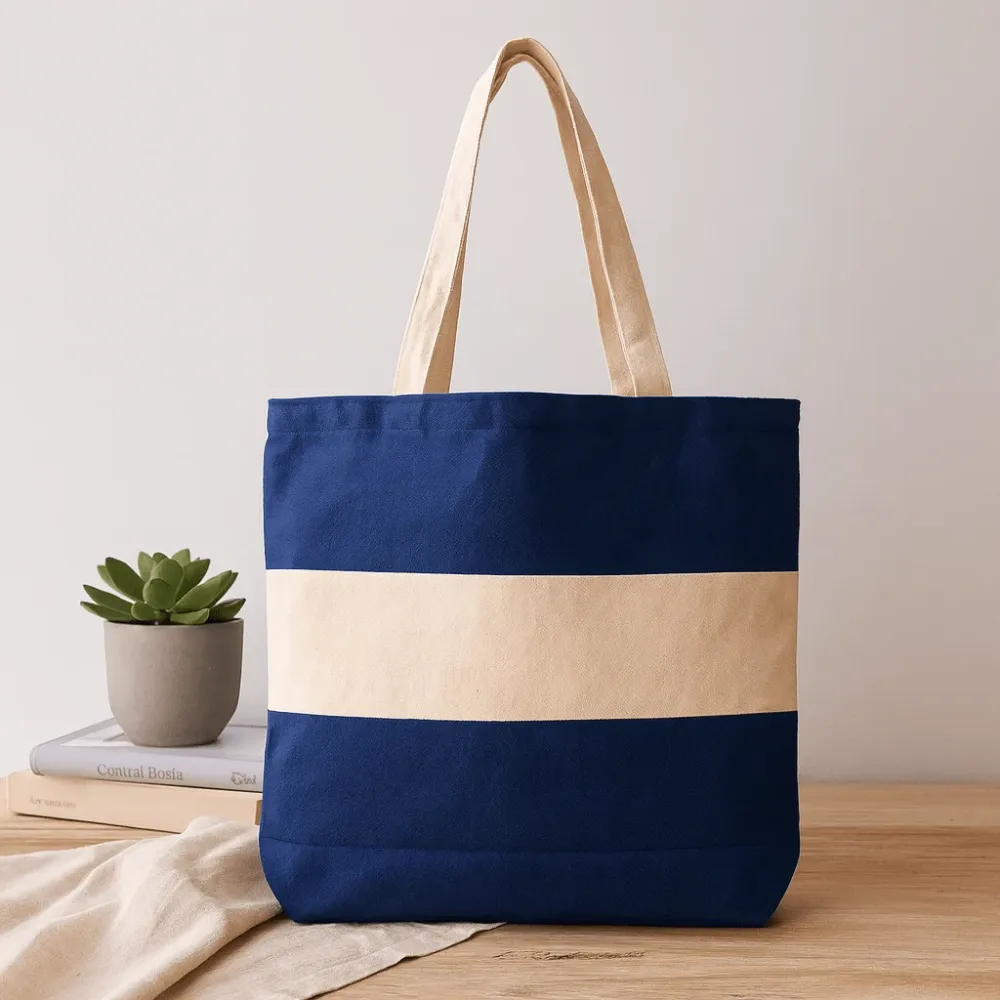 Памучна чанта двуцветна синя натурална 10oz 38x42x12cm