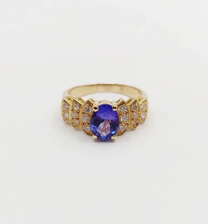 Винтидж пръстен тип жон в 18-каратово злато с танзанит 1,10 ct и диаманти