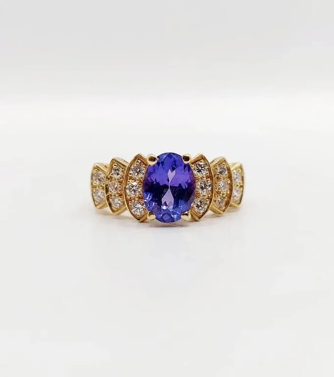 Винтидж пръстен тип жон в 18-каратово злато с танзанит 1,10 ct и диаманти