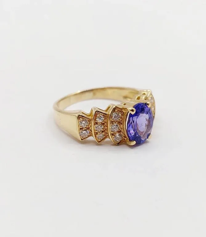 Винтидж пръстен тип жон в 18-каратово злато с танзанит 1,10 ct и диаманти