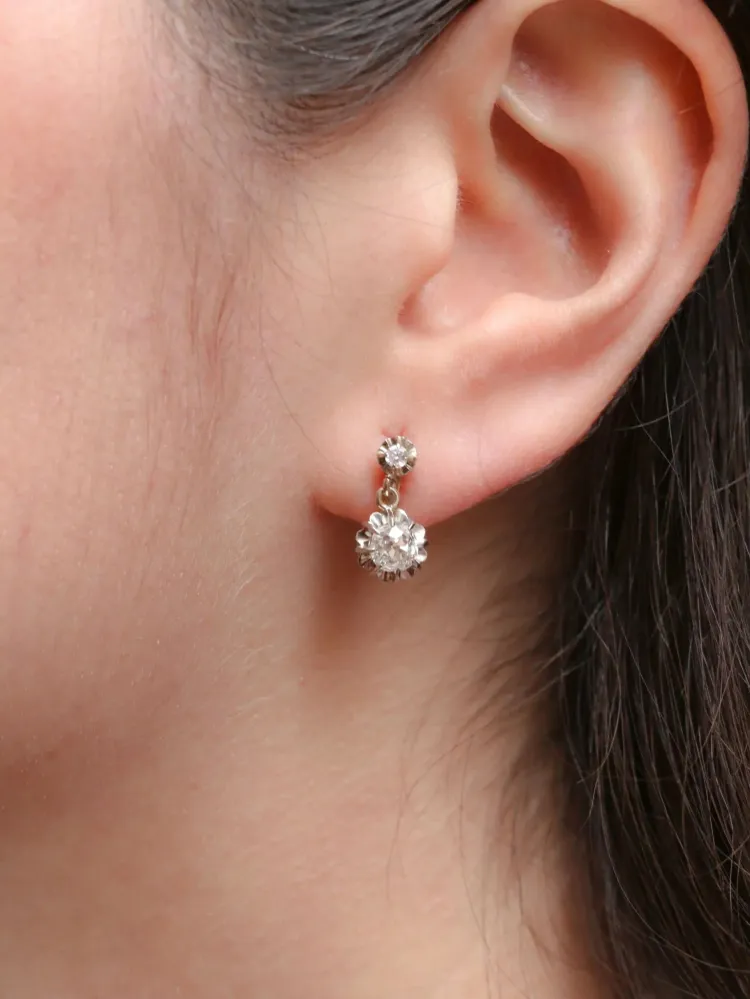 Спящи обеци в злато и старошлифовани диаманти 1,5 ct