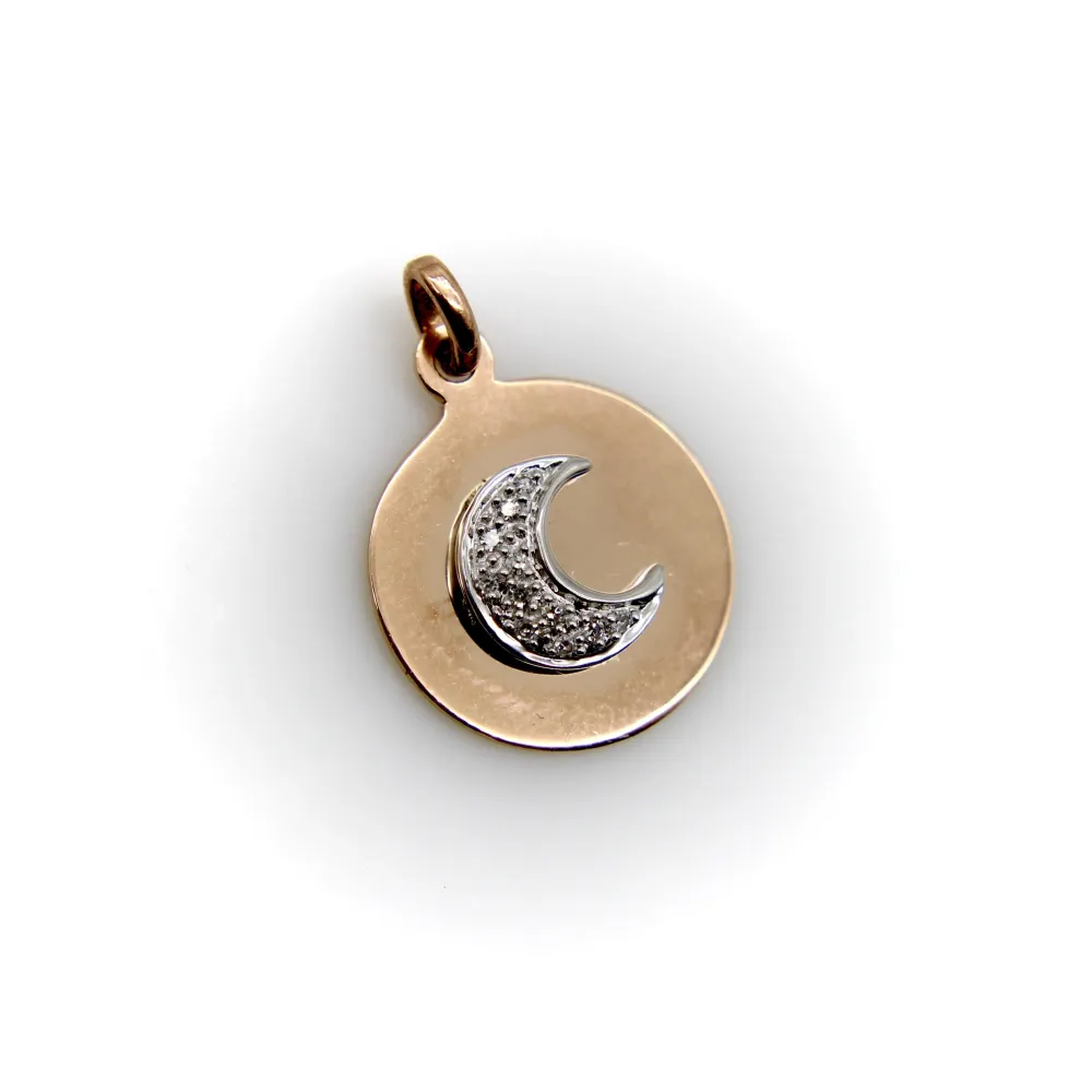Винтидж медальон с форма на лунен сърп от розово злато 14K и диаманти