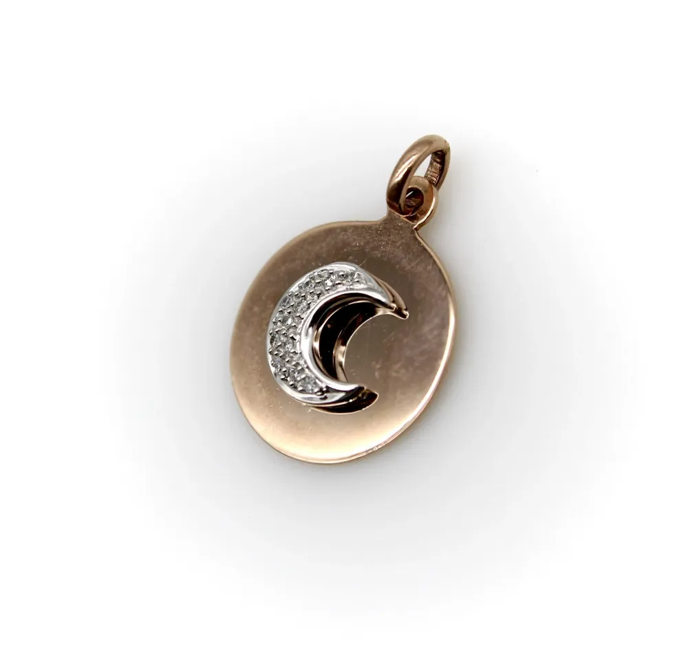 Винтидж медальон с форма на лунен сърп от розово злато 14K и диаманти