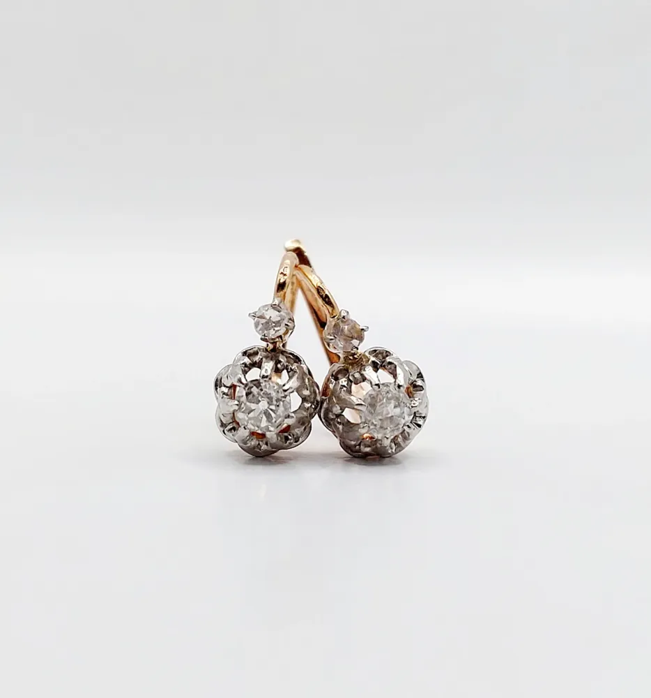 Спящи обеци антично злато или розово 18k, диаманти със стара шлифовка 0.30 карата (около 1890 г.)
