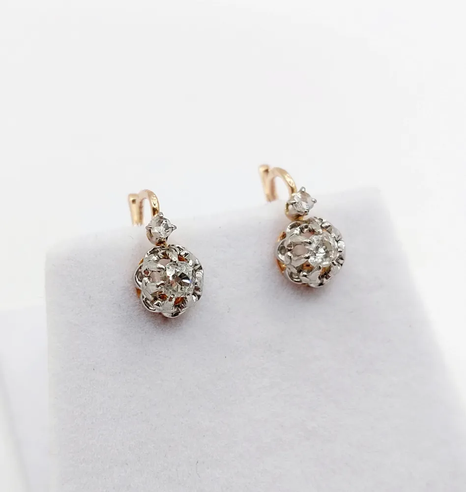 Спящи обеци антично злато или розово 18k, диаманти със стара шлифовка 0.30 карата (около 1890 г.)