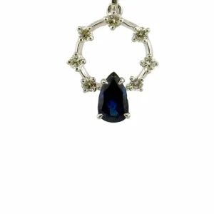 Колие с висулка от 18k бяло злато с диамант и сапфир