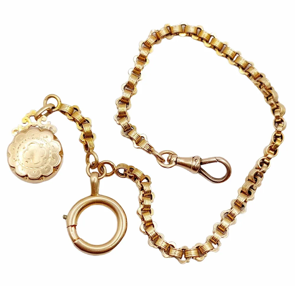 Антична верижка за часовник от 18k розово злато с издълбана висулка (около 1900 г.)