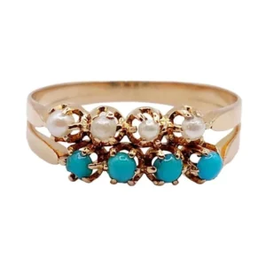 Античен пръстен от розово злато 18k с перли и тюркоази (около 1900 г.)