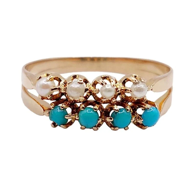 Античен пръстен от розово злато 18k с перли и тюркоази (около 1900 г.)