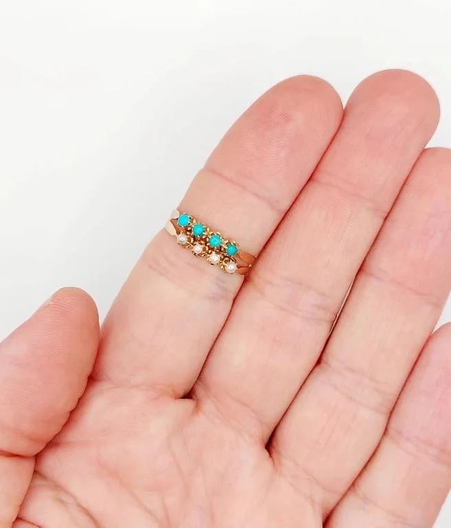 Античен пръстен от розово злато 18k с перли и тюркоази (около 1900 г.)