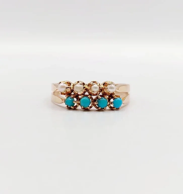 Античен пръстен от розово злато 18k с перли и тюркоази (около 1900 г.)