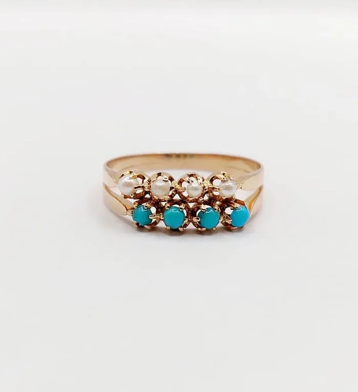 Античен пръстен от розово злато 18k с перли и тюркоази (около 1900 г.)