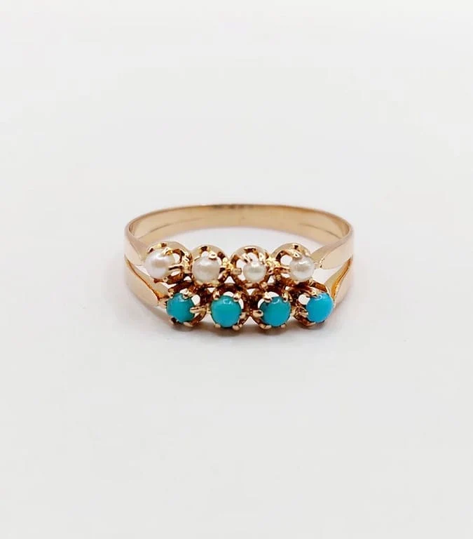 Античен пръстен от розово злато 18k с перли и тюркоази (около 1900 г.)