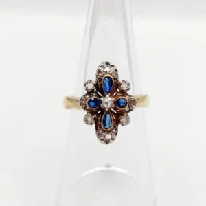 Античен пръстен дукес с розово шлифовани диаманти и сини камъни от 18k злато и Платина