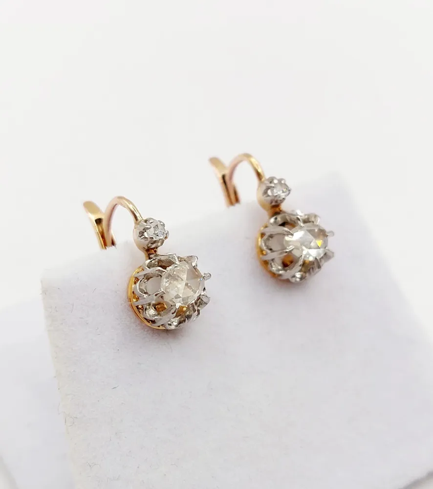 Спящи обеци антики от розово злато 18k и розово шлифовани диаманти