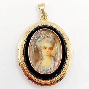 Медальон за снимка от розово злато, миниатюрна дама и оникс (около 1900 г.)