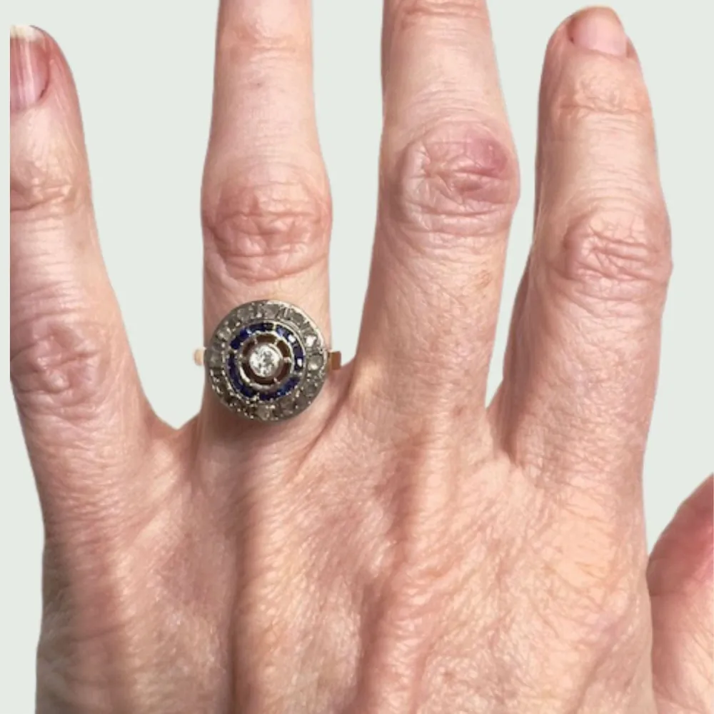 ПРЪСТЕН АРТ ДЕКО, ПЕРИОДЪТ 1930-35 г., в ЗЛАТО и Платина с ДИАМАНТИ и САПФИРИ