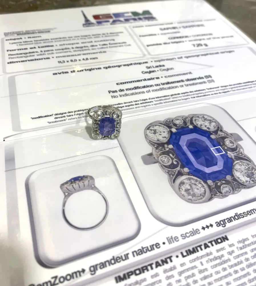 Пръстен - цейлонски сапфир 4,66 ct и диаманти в Платина и 18-каратово бяло злато