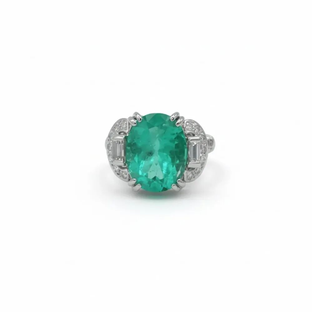 Пръстен от 18-каратово бяло злато с колумбийски смарагд 5,12 ct и диаманти