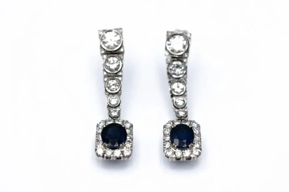 Висящи обеци от бяло злато и диаманти 5,35 ct сапфири