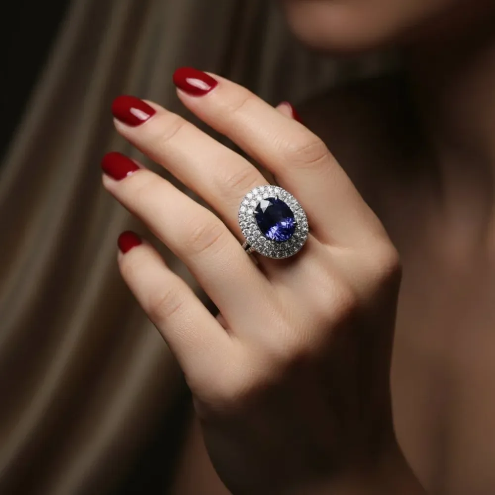 Пръстен от 18-каратово бяло злато с танзанит 5,73 ct и диаманти