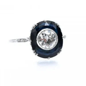 Пръстен Art Deco с диамант 0,75ct и синтетичен сапфир от 18K бяло злато