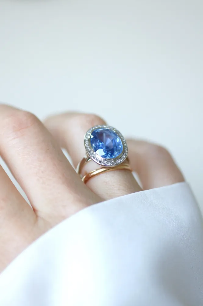 Пръстен Art Deco с необработен с топлина цейлонски сапфир 10,50 ct и диаманти