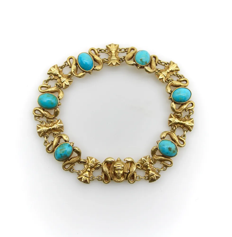 Art Deco - Гривна от 14K злато с тюркоазени кабошони