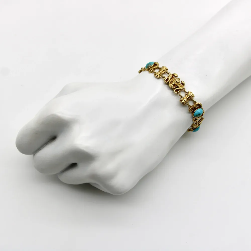 Art Deco - Гривна от 14K злато с тюркоазени кабошони