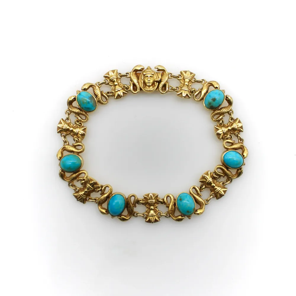 Art Deco - Гривна от 14K злато с тюркоазени кабошони