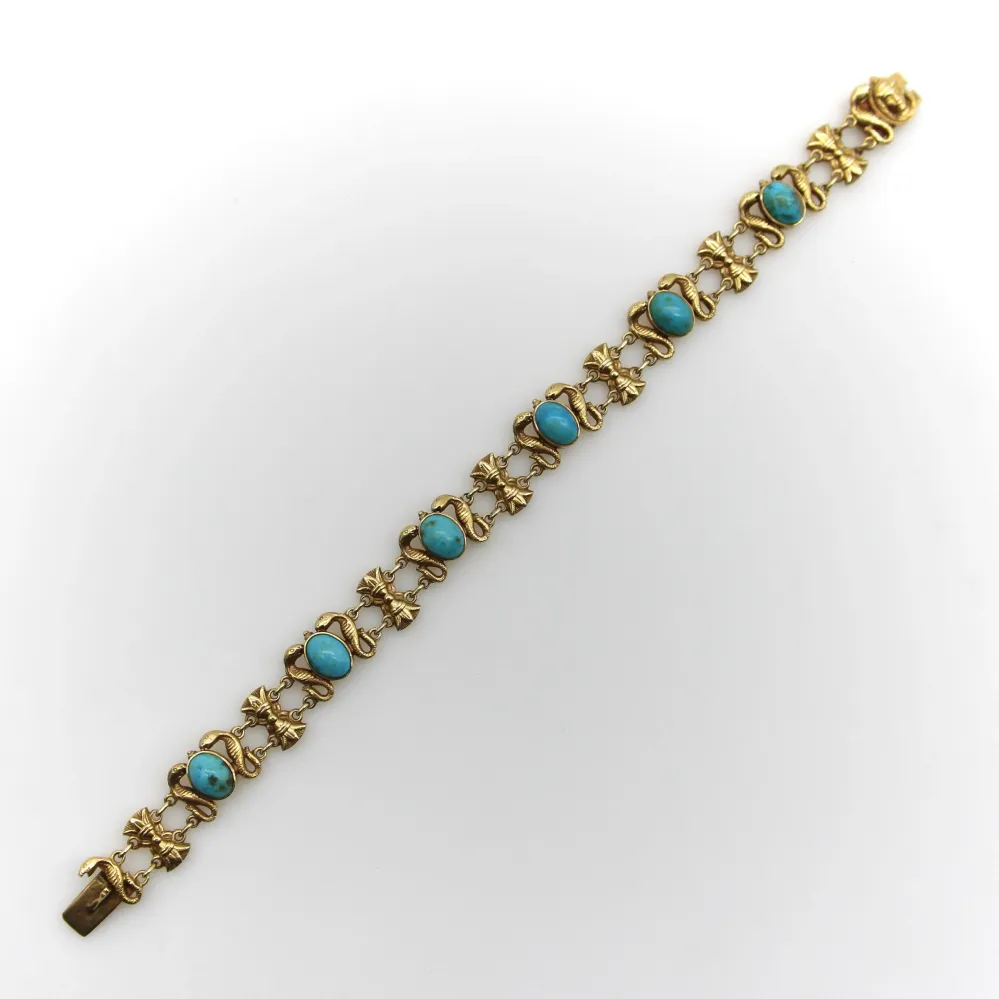 Art Deco - Гривна от 14K злато с тюркоазени кабошони