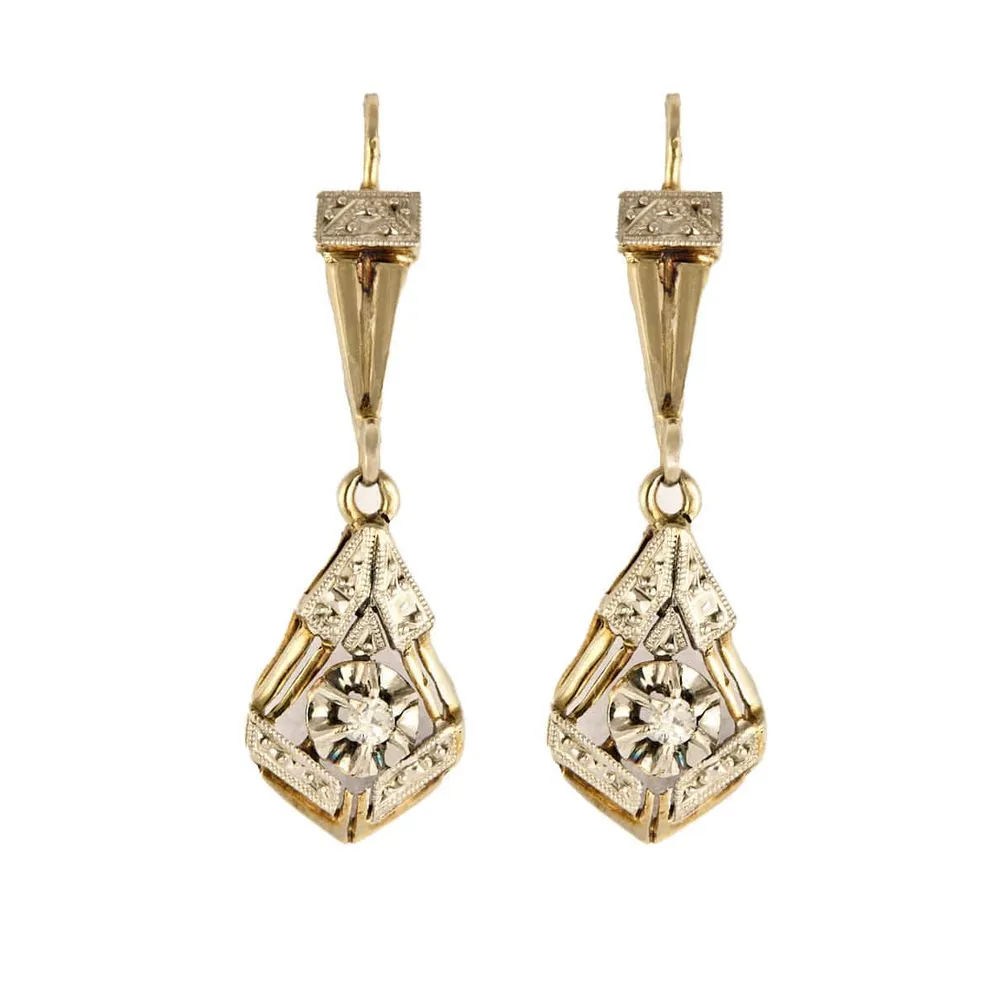 Обеци Спящи обеци Art Deco двуцветни златни диаманти