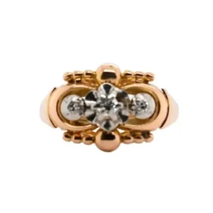 Пръстен Art Deco - 18-каратово жълто злато и три диаманта 0,7 ct