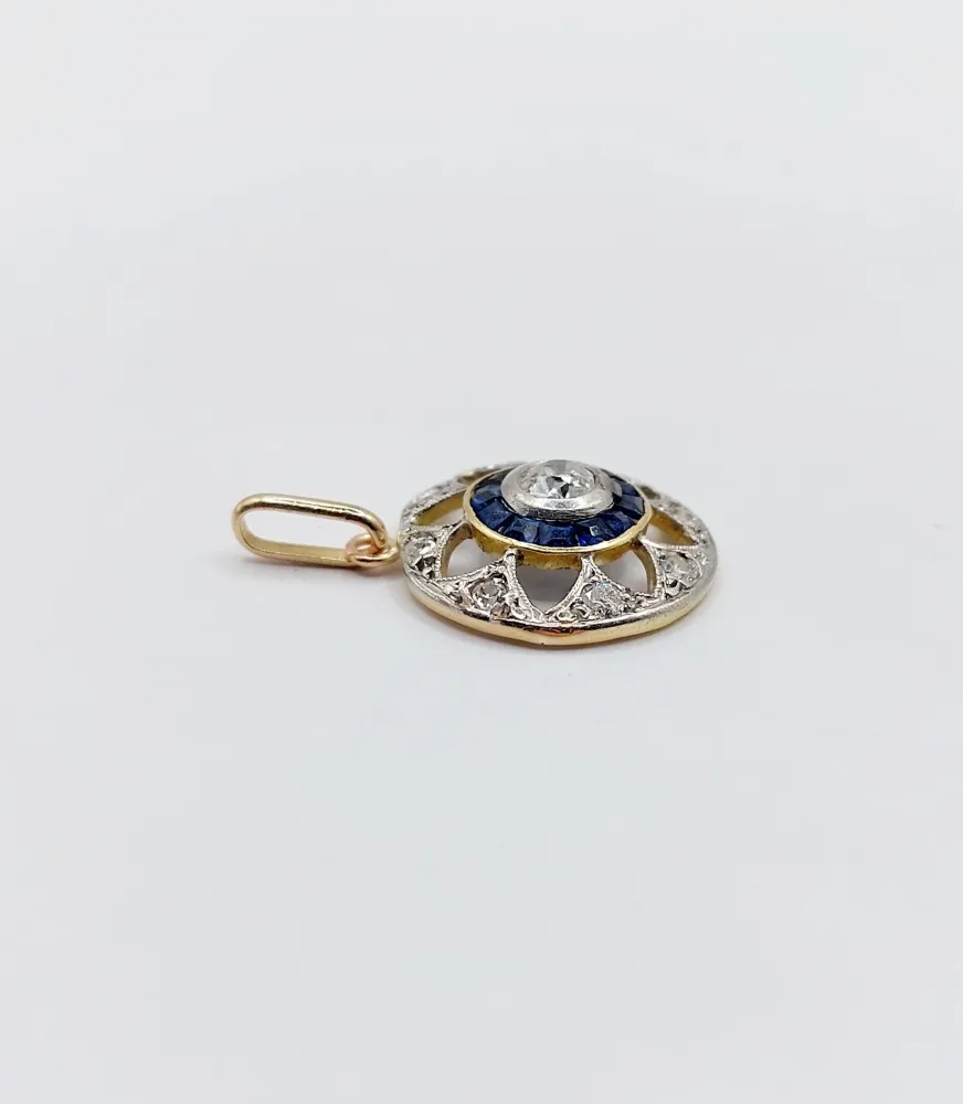 Висулка Art Deco жълто злато, диаманти и калибрирани сапфири