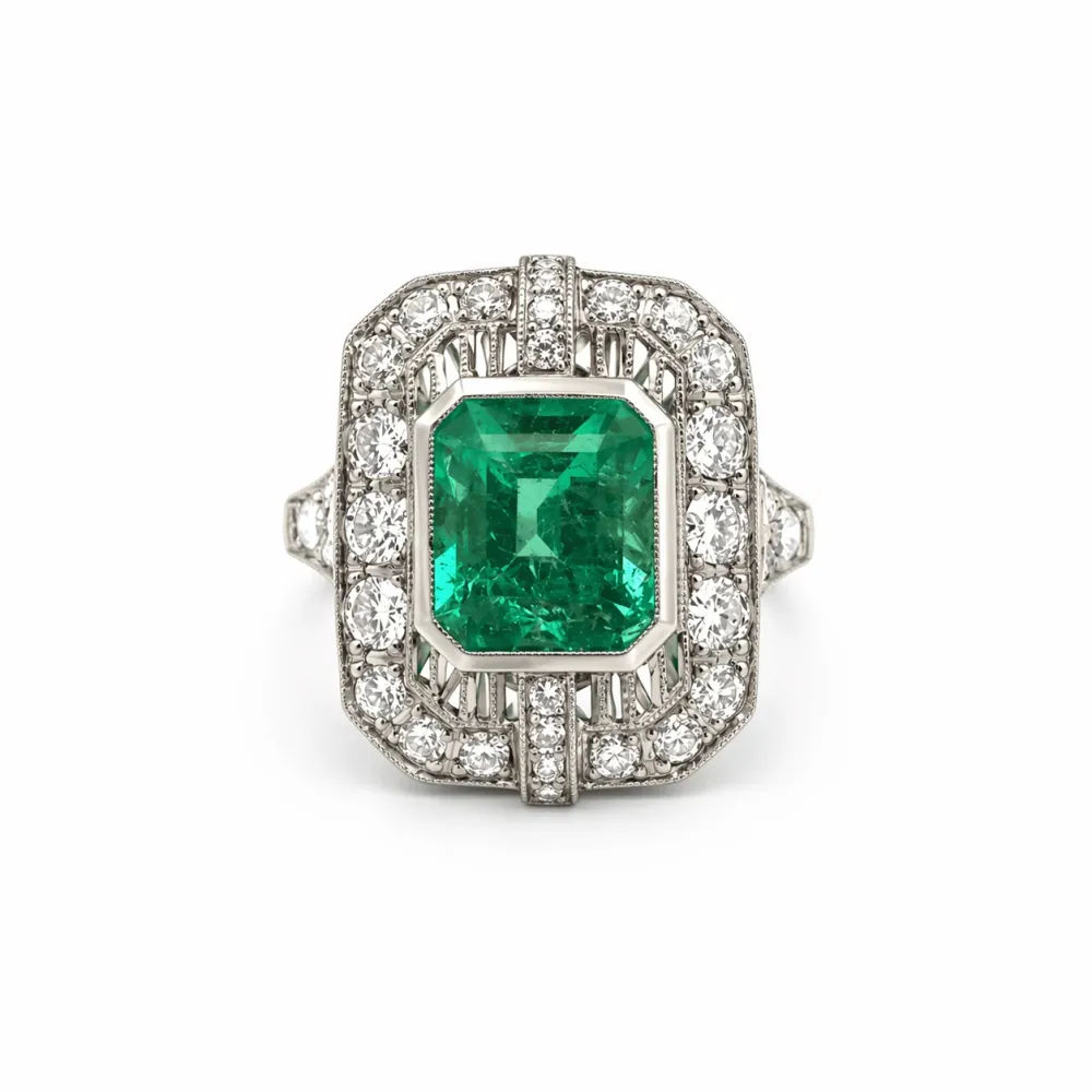 Пръстен Art Deco - Колумбийски смарагд и диаманти в 18K бяло злато