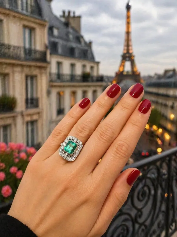 Пръстен Art Deco - Колумбийски смарагд и диаманти в 18K бяло злато