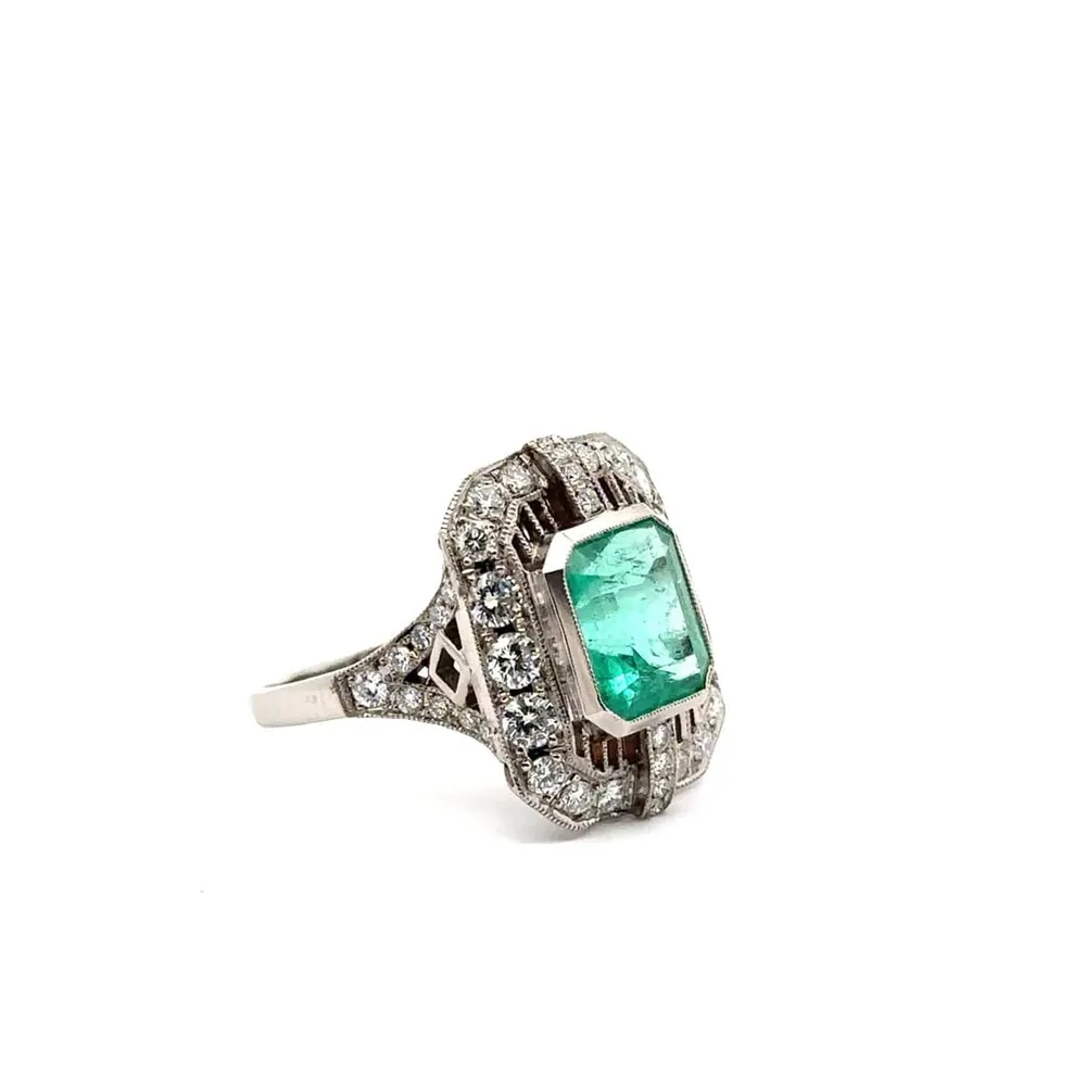 Пръстен Art Deco - Колумбийски смарагд и диаманти в 18K бяло злато