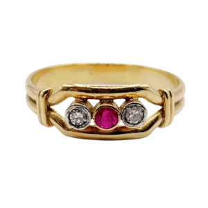 Art Deco - Жартиерен пръстен от 18k злато със синтетичен рубин и диаманти