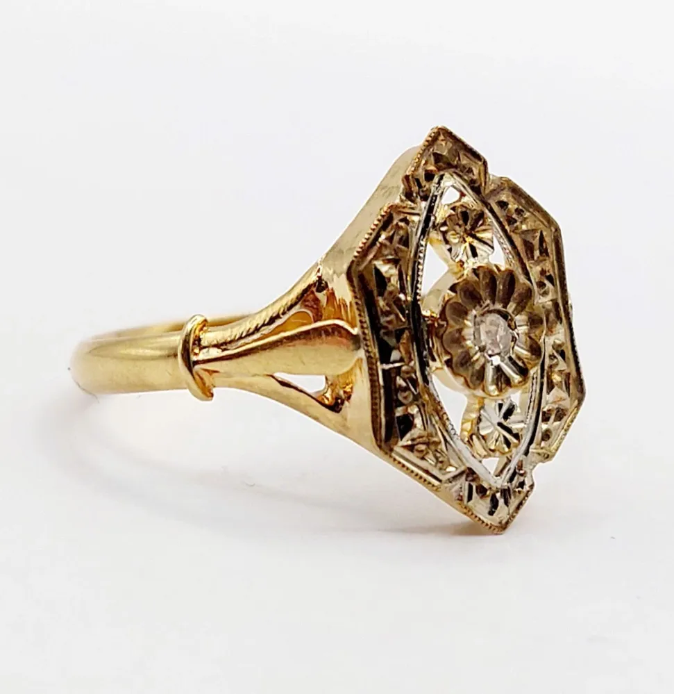 Маркиз пръстен Art Deco жълто злато, диамант с розов шлиф (около 1910 г.)