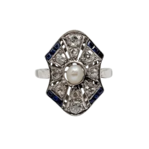 Маркиз пръстен Art Deco Платина с перла, диаманти и калибрирани сапфири (около 1920 г.)