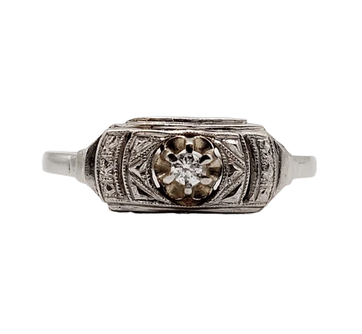 Пръстен Art Deco бяло злато, диамант и геометрична основа (около 1920 г.)