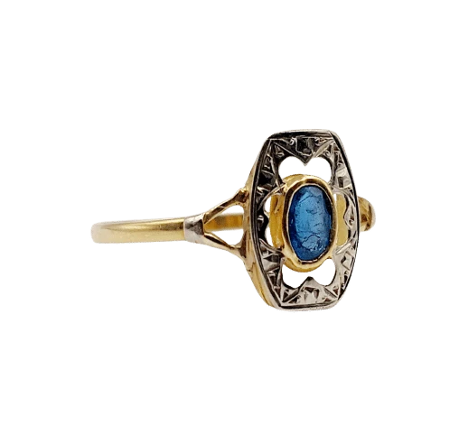 Пръстен Art Deco златна геометрична основа и син камък (около 1930 г.)