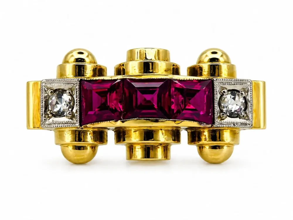 Пръстен Art Deco злато, Диаманти и Рубини